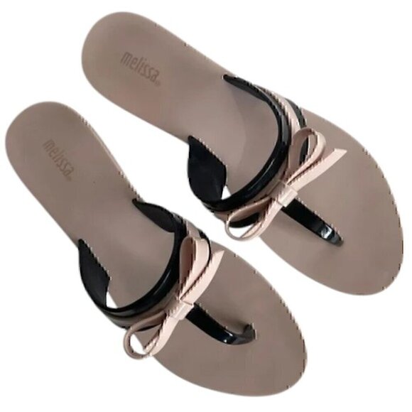 Melissa Garota Pink Black Bow Thong Sandals size 8 - Picture 1 of 8